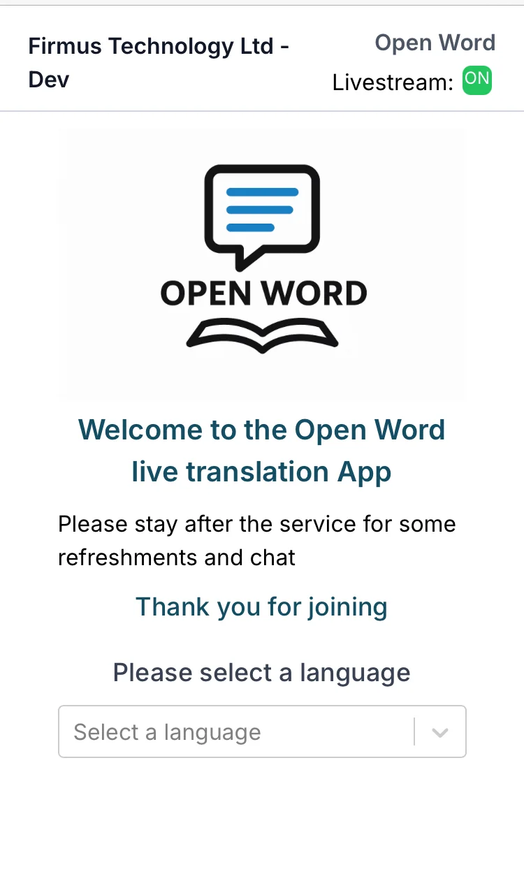 Open Word app showing real-time translation on a mobile phone with language selection