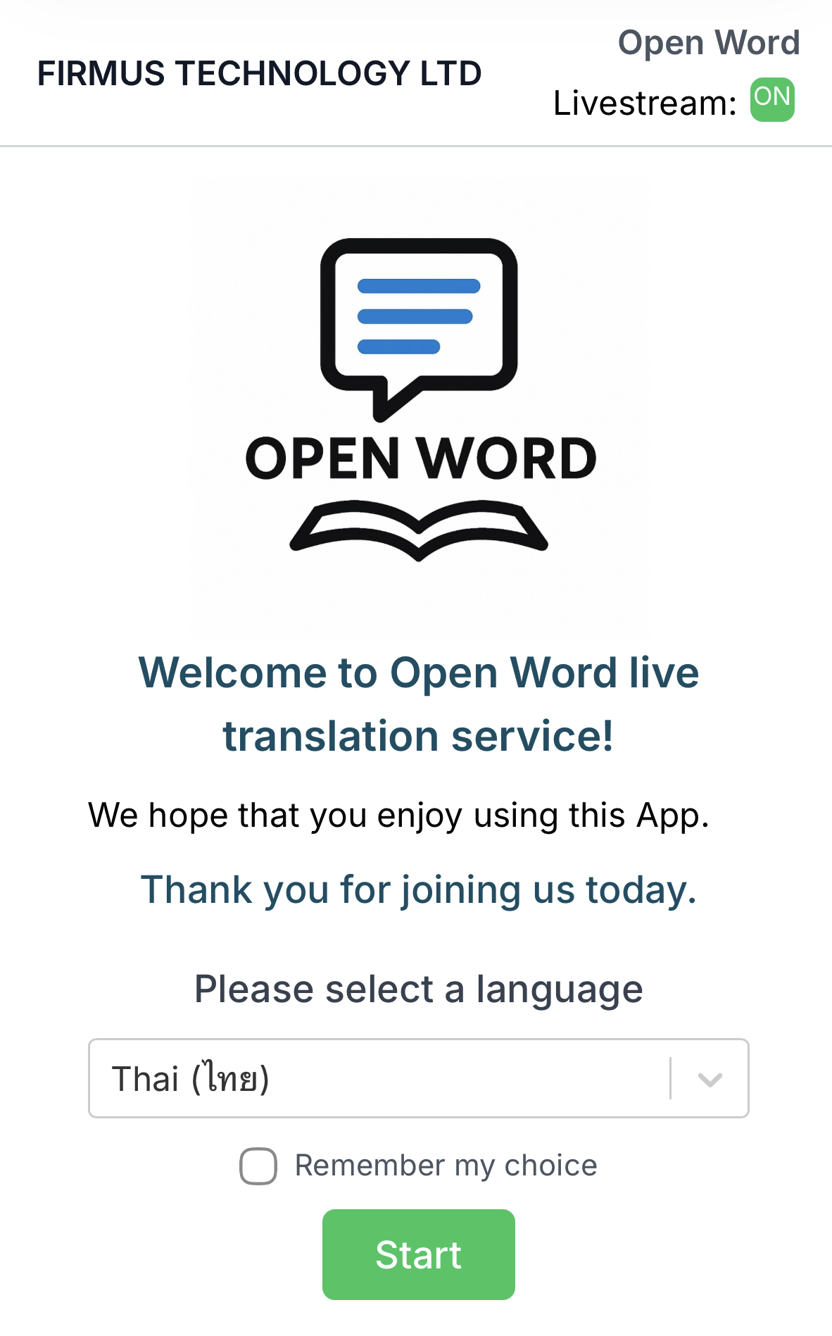 Open Word app showing real-time translation on a mobile phone with language selection